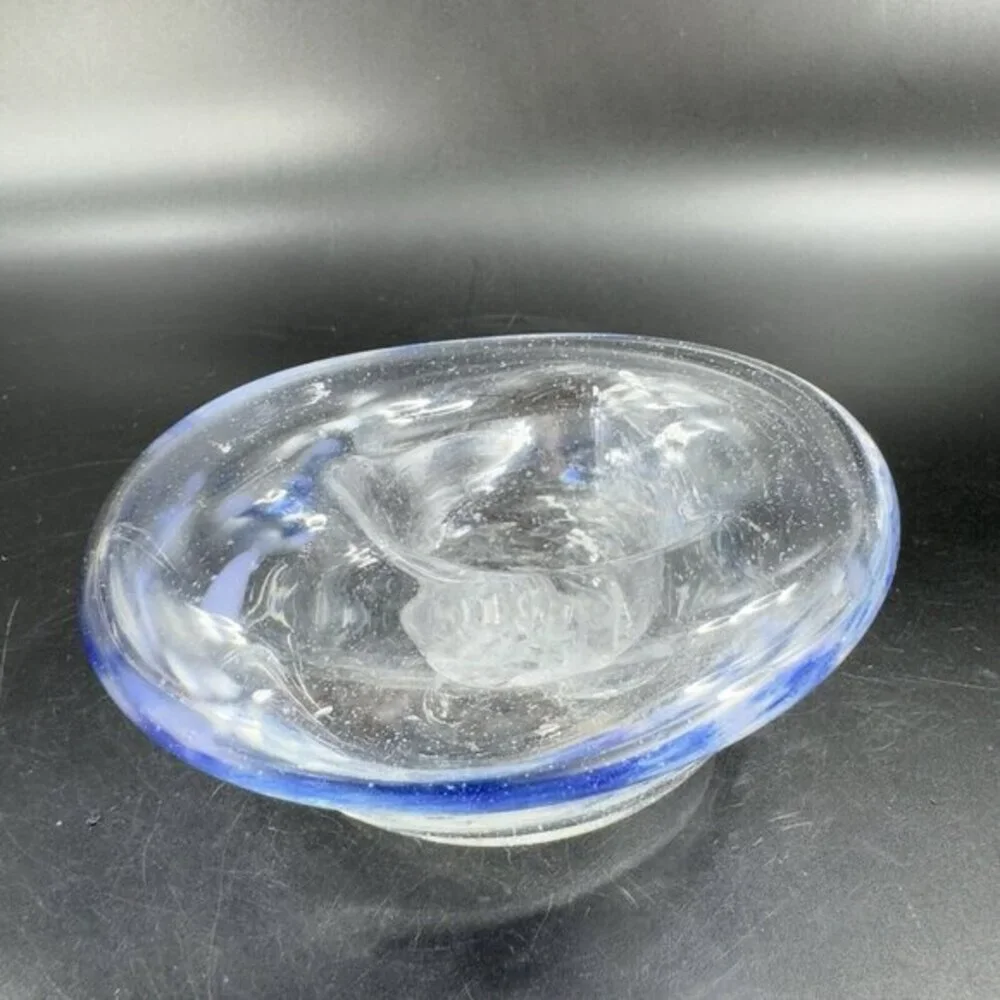 Vintage Hand Blown Art Glass Dish Bowl Clear With Blue Spots Hand Made Glass VTG